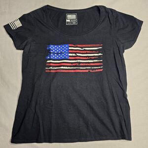 Patriotic USA American Flag Womens L Black Short Sleeve T Shirt Tee Casual
